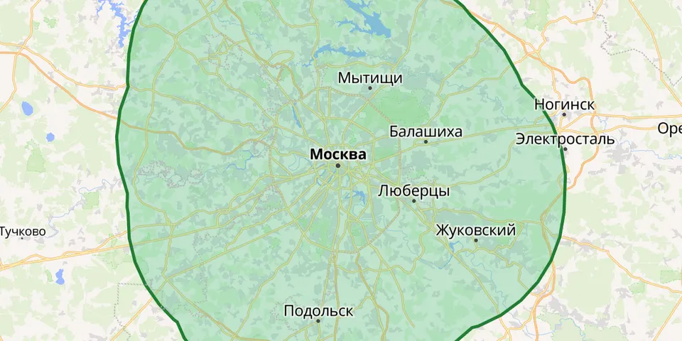 Карта зоны выезда: Москва и 30 км вокруг города